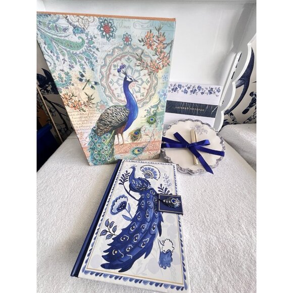 Peacock Gift 4 Pc Set Punch Studios Keepsake Box Lined Journal Layered Notes - Picture 4 of 11